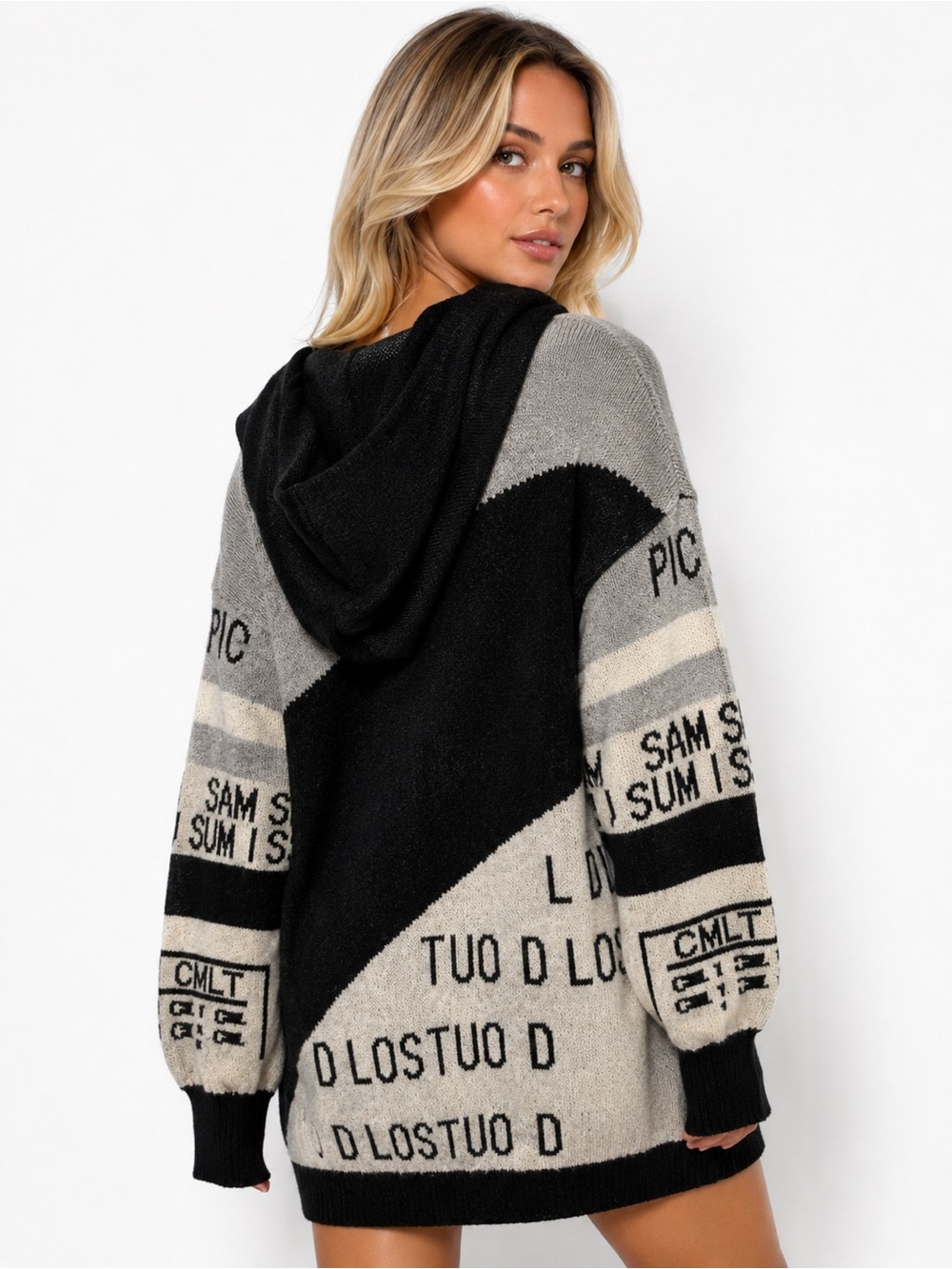 NWT Black Multi Oversized Graphic Hooded Sweater Dress | Soft Knit - Picture 3 of 8